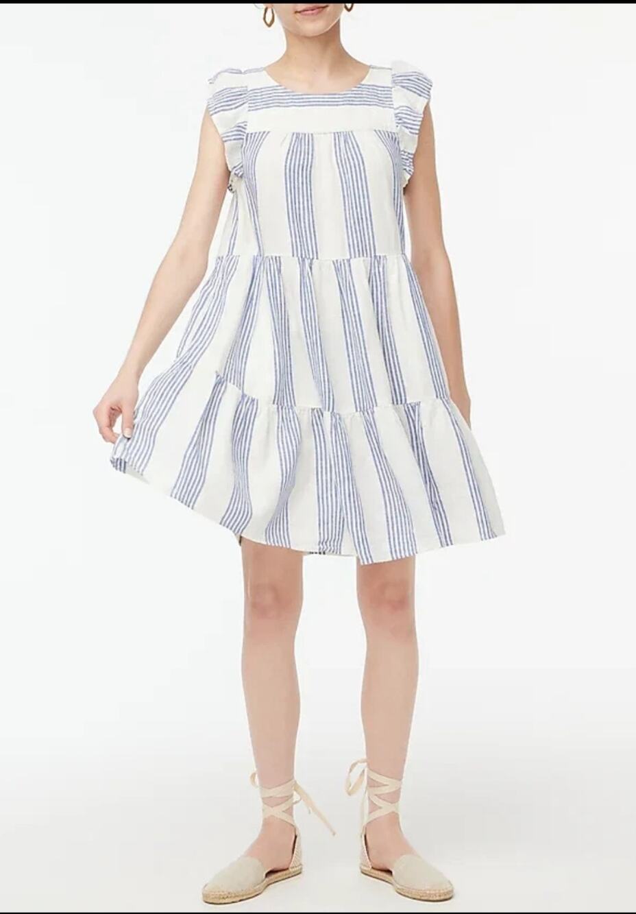 J.Crew linen blue striped ruffled sleeve babydoll dress SZ 4 resort coastal boho